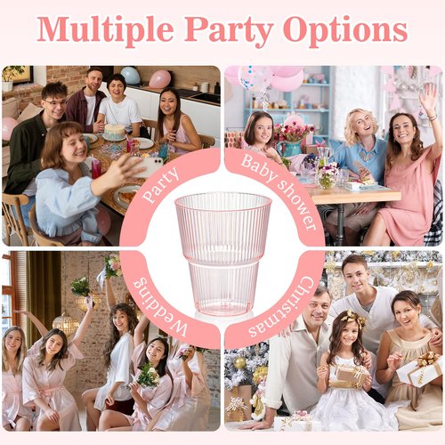 XUWAIDSGN 25 Pack Pink Plastic Ribbed Wine Glasses 14 oz Disposable Cocktail Martini Juice Coffee Drinking Tumblers Plastic Stackable Ripple Wedding Party Cups for Charcuterie Parties and Events