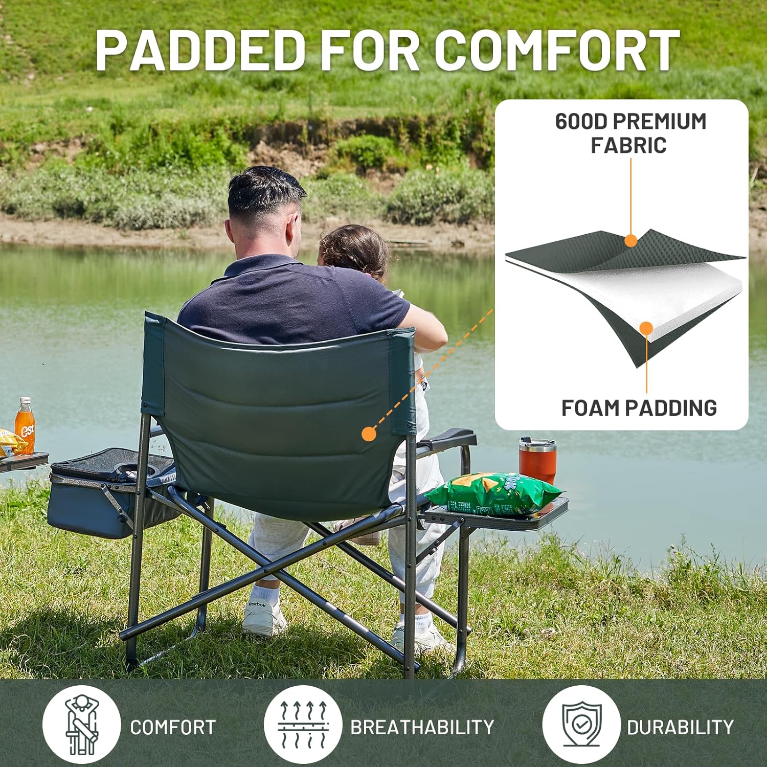 Timber Ridge XXL Oversized Directors Chair - Heavy Duty 600lbs Camping Chair with Cooler Bag & Table - Grey