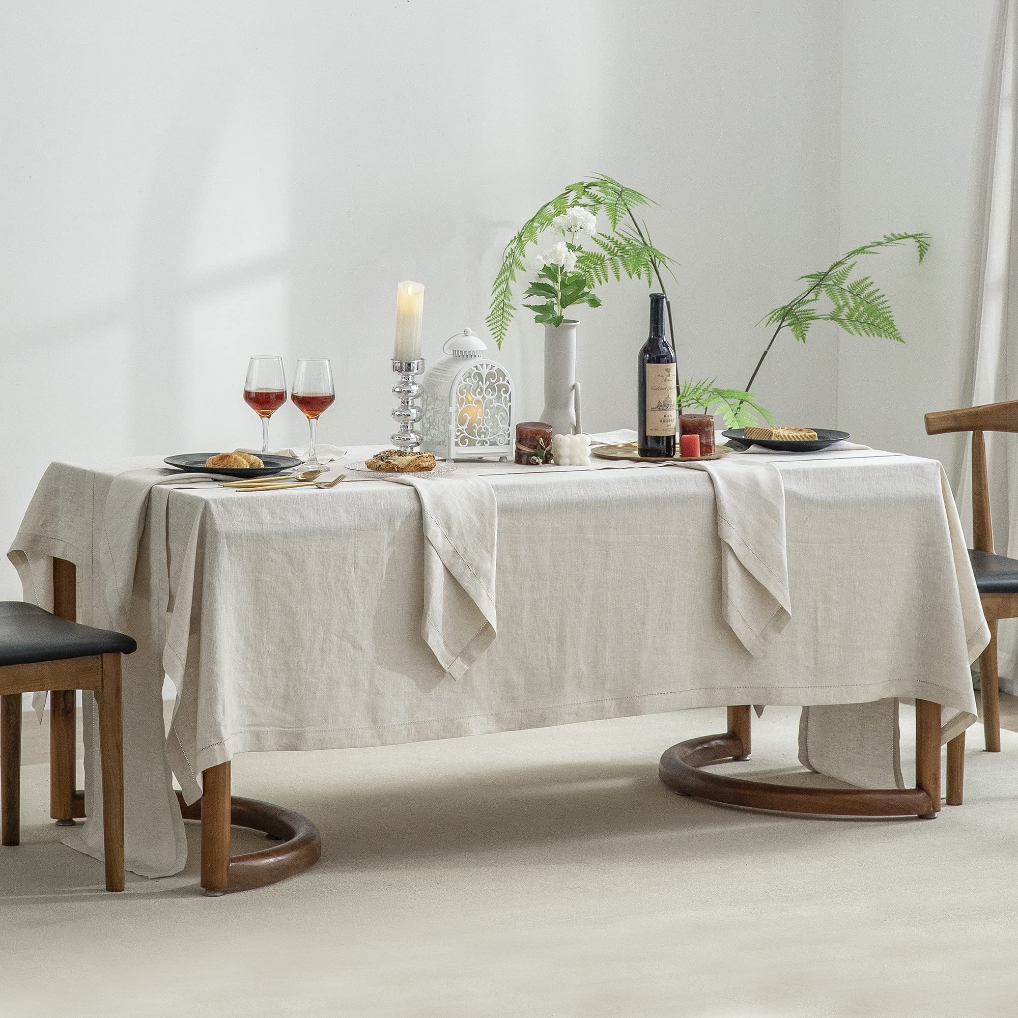 EVERLY Pure Linen Hemstitch Tablecloth,100% Stonewashed French Linen tablecloths for Kitchen Dining Rectangle Tables,60x84Inch Machine Washable Christmas Thanksgiving Organic Tablecloth-Natural Linen