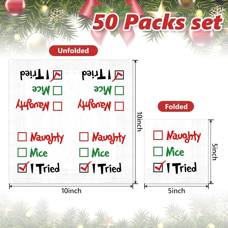 Naughty or Nice Christmas Cocktail Napkins – 50 Pack Disposable Paper Napkins for Holiday Parties