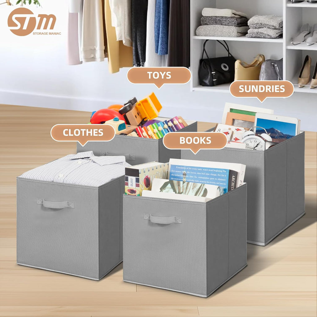 Storage Maniac Storage Cubes - 13-Inch Collapsible Bins with Handles | 10-Pack Grey Fabric Organizers