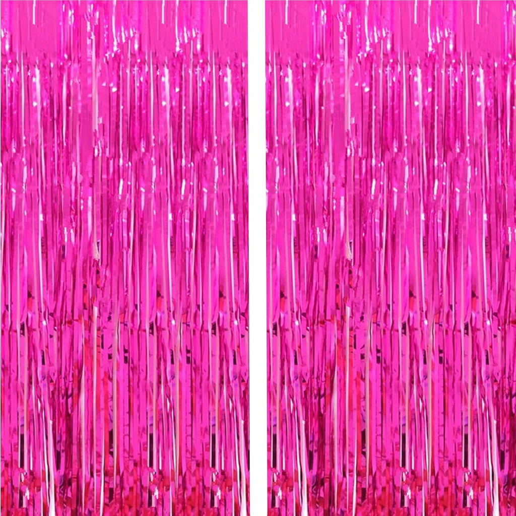 Skiennix Shiny Hot Pink Metallic Tinsel Foil Fringe Curtains - 3.2ft x 8.2ft Photo Booth Backdrop for Celebrations