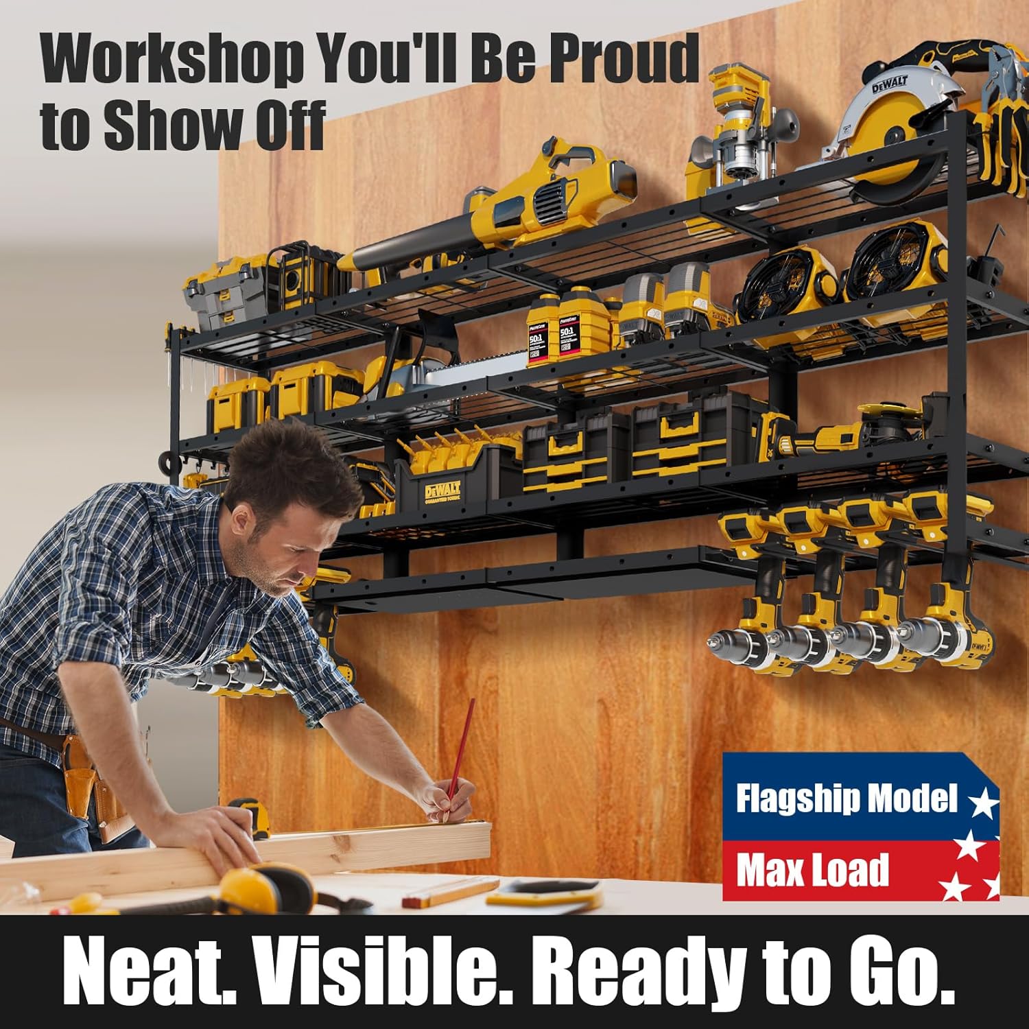 Power Tool Organizer Wall Mount by XLarge - Modular 820lbs Garage Storage Rack | 8 Cordless Drill Holders & 4-Tier Heavy Duty Utility Shelf