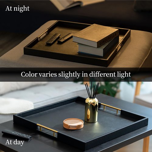 Hanobe Ottoman Coffee Table Tray: Large Decorative Tray Black Leather with Metal Handles for Modern Living Room Home Decor Organized Centerpiece Topper Display Square