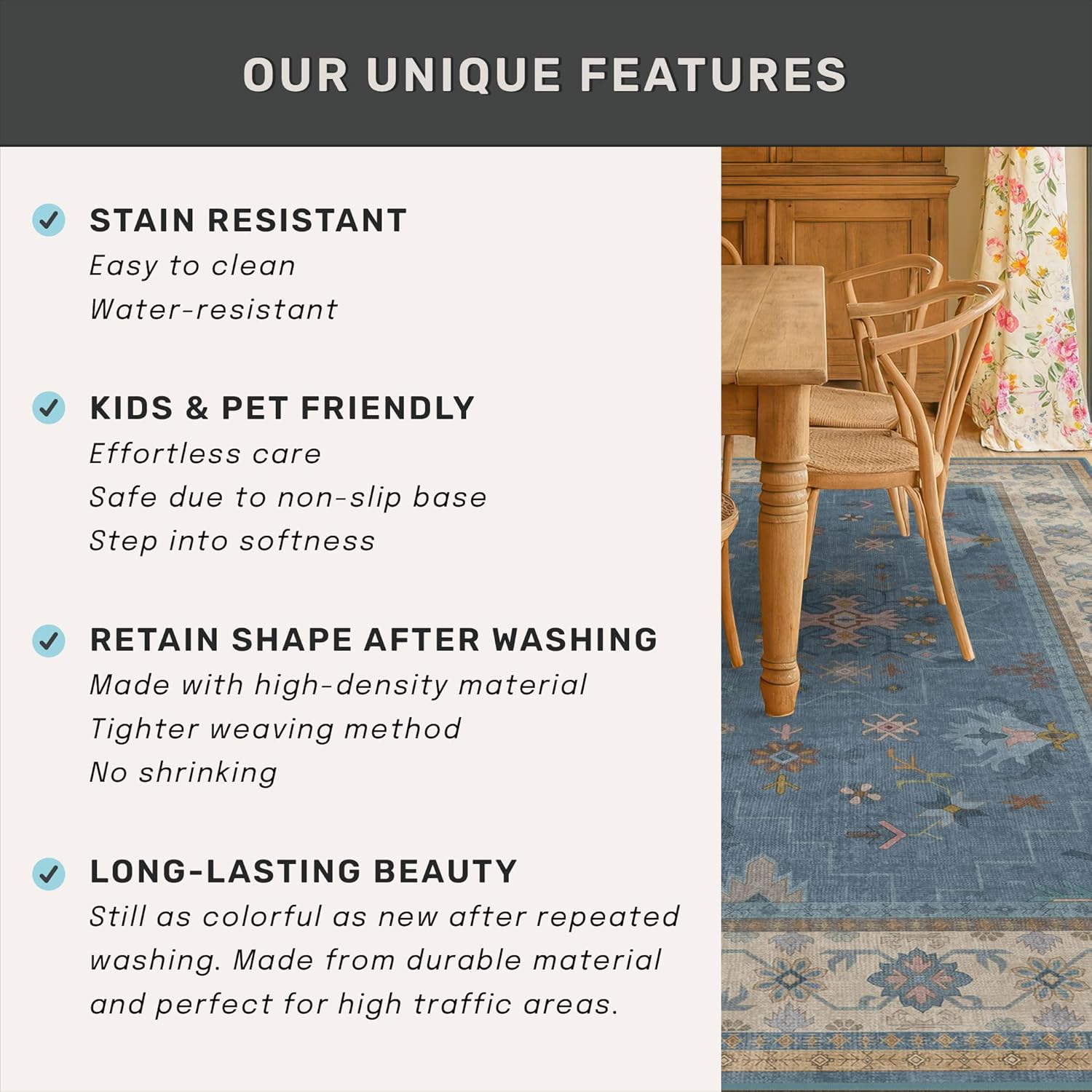 Washable 3x6 Throw Rug - Blue Non-Slip Indoor Rug for Kitchen, Entryway, Bedroom | Boho Modern Décor