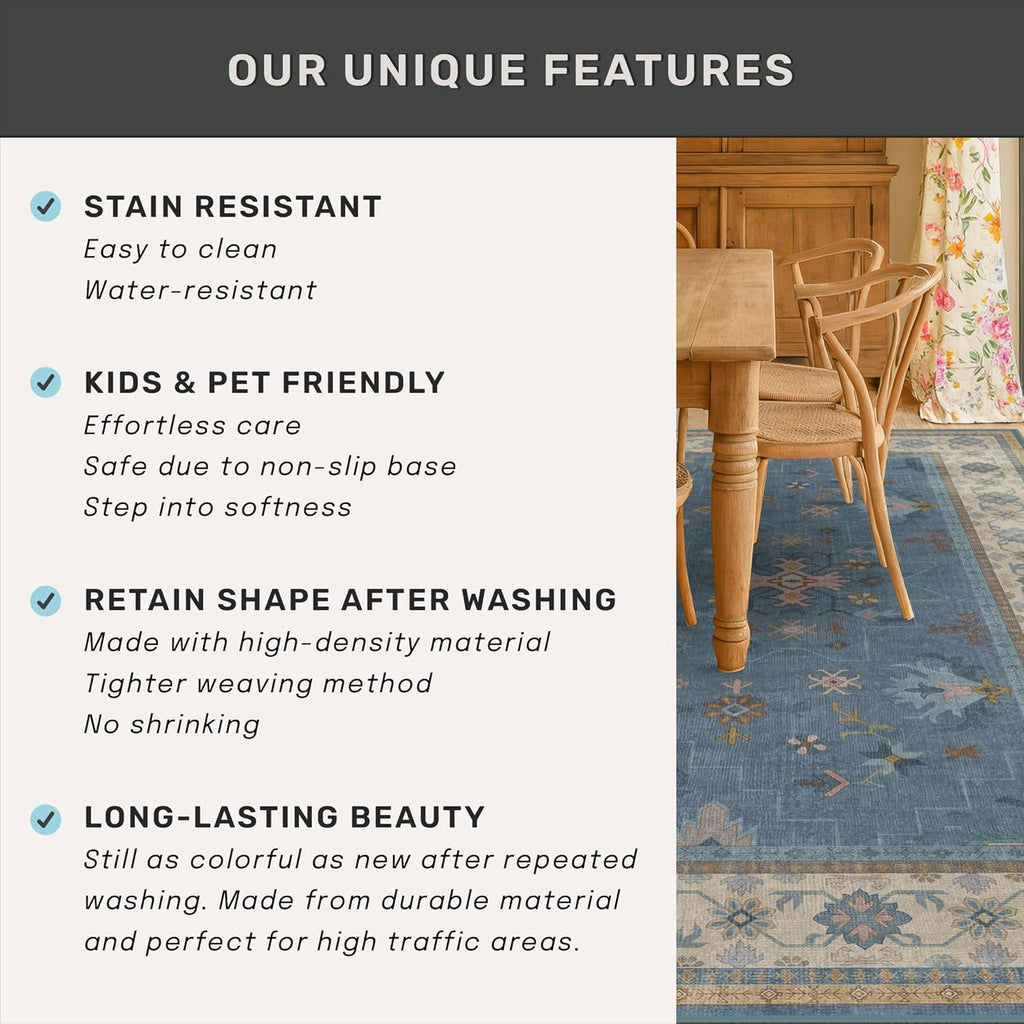 Blue Boho Runner Rug - Washable Non-Slip 2'6''x8' Hallway Rug with Colorful Floral Print