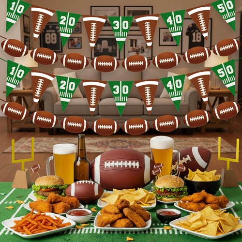 Pre-strung Football Party Decorations Banner - 4 Pack Football Garland with Triangle Flags & Pennants for Sports Themed Birthday, Tailgate Party Supplies