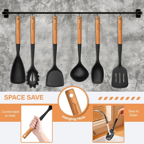 Large Silicone Kitchen Utensils Set, 6 PCS Nonstick Cooking Utensils Set with Wooden Handle, Heat Resistant and BPA Free Silicone Utensil Spatula Set for Cooking with Turner, Spoon and Ladle(Black)
