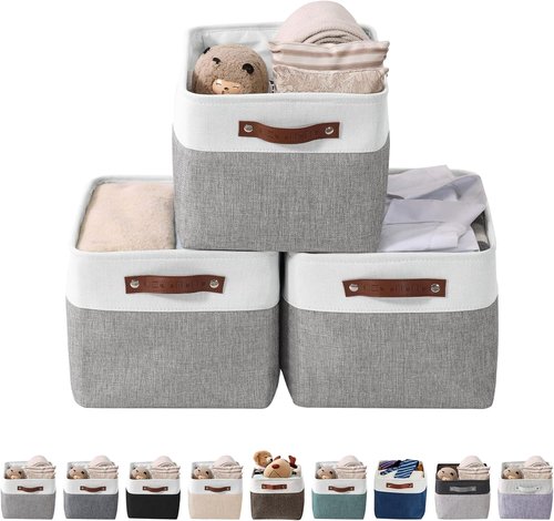 DECOMOMO Storage Baskets - Stylish Fabric Organizers for Shelves | Large Grey & White - 3 Pack