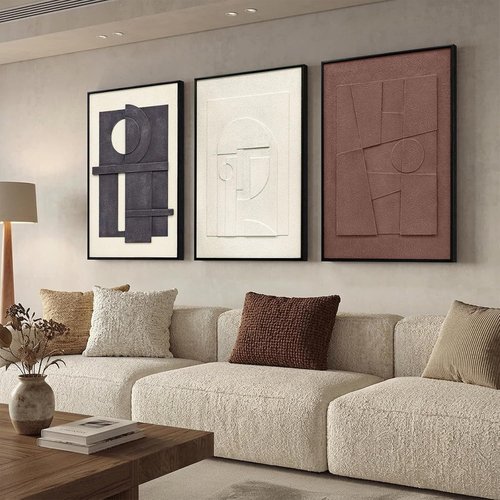 3D Textured Framed Wall Art - Modern Minimalist Geometric Decor | Neutral 3-Piece Set for Living Room, Office, 24x36 In