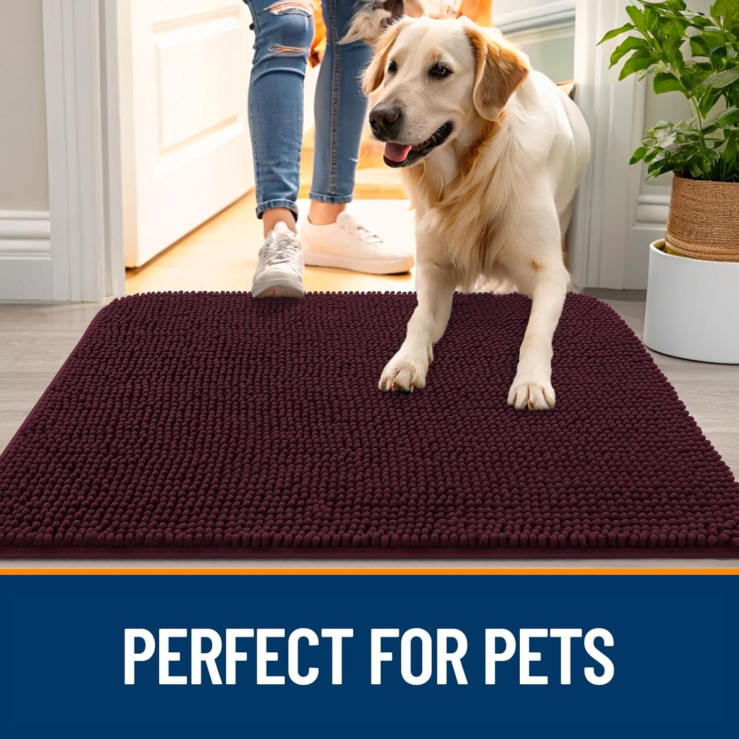 OLANLY Dog Door Mat - Absorbent Non-Slip Mud Mat for Indoor Use | Quick Dry Chenille, 70x46, Russet