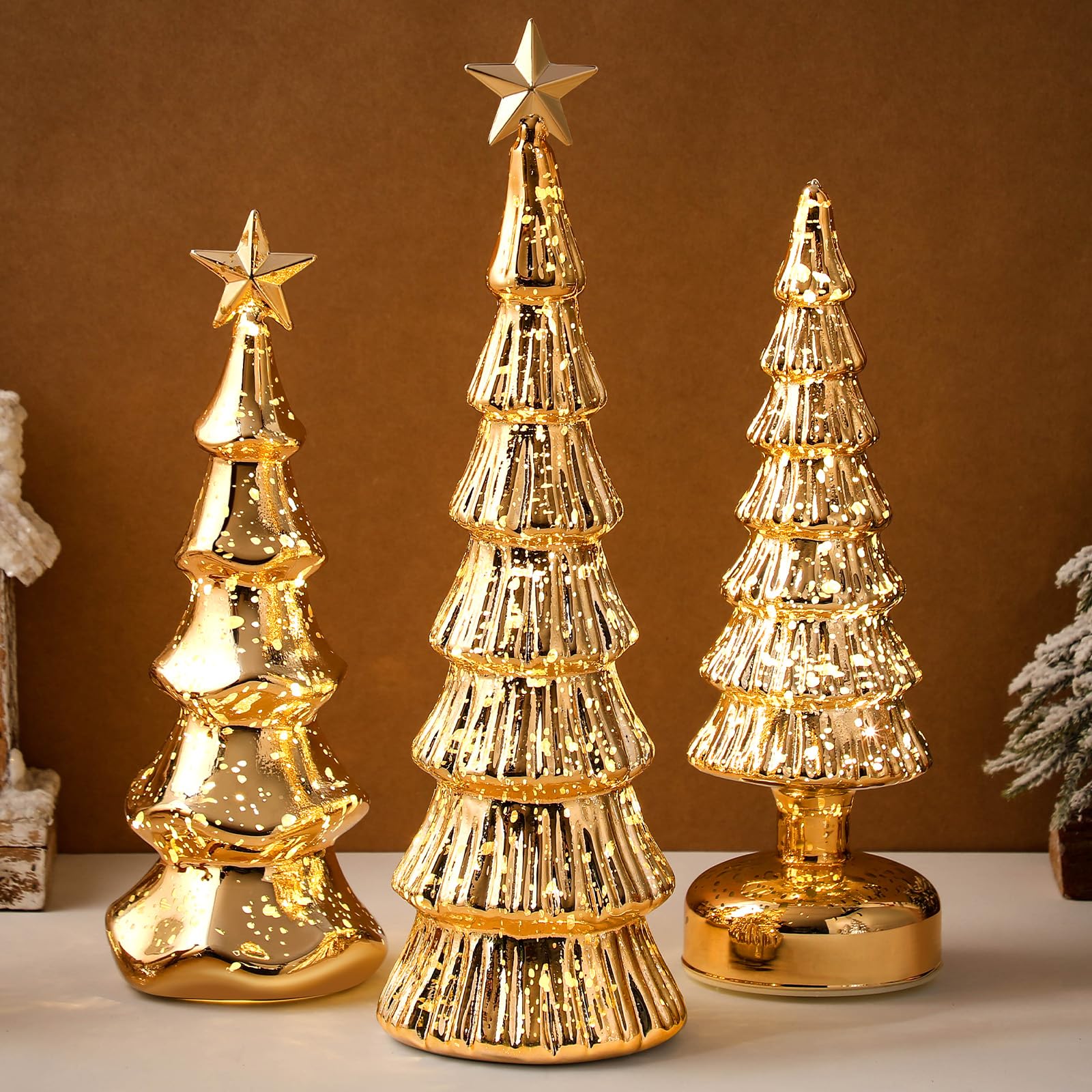 Funnymoom 3 Pack Glass Christmas Trees Decor Lighted Christmas Tree Tabletop Glitter Centerpiece Decoration Glass Xmas Tree Figurines Holiday Ornament for Table Mantle Fireplace(Gold,Classic)