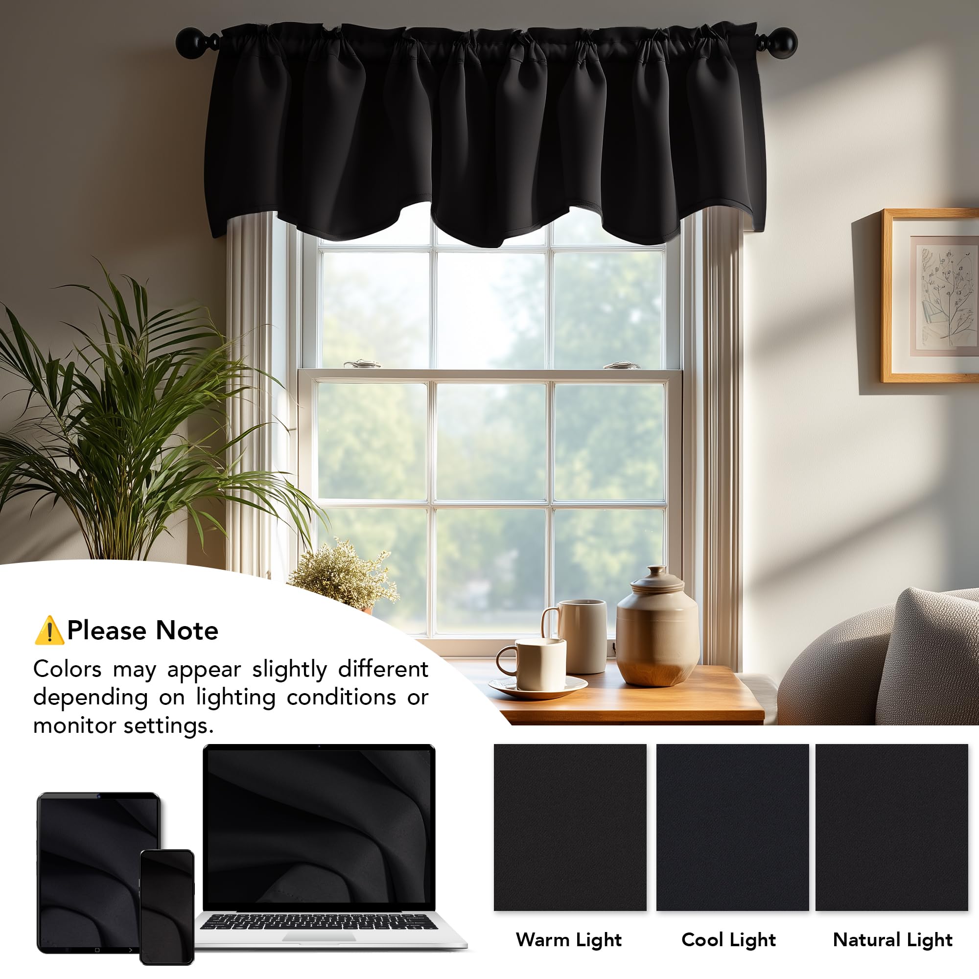 Deconovo Black Valances for Windows, Scalloped Valance for Kitchen Living Room Bedroom Bathroom, Short Curtain, Black Out Small Drape, Rod Pocket, Machine Washable, 52x18 Inch, 1 Panel