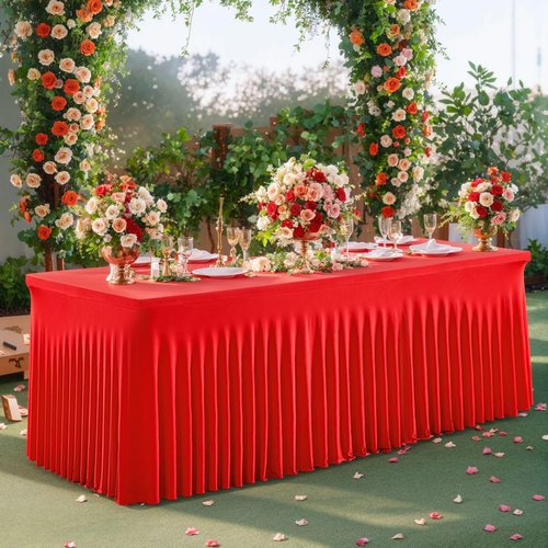 2 Pack Red Table Cloth for 8 Foot Rectangle Tables Spandex Fitted Tablecloth 8ft Stretch Table Covers Skirt Red Banquet Tablecloths Wrinkle Free Tablecloth for Party Wedding Birthday Event