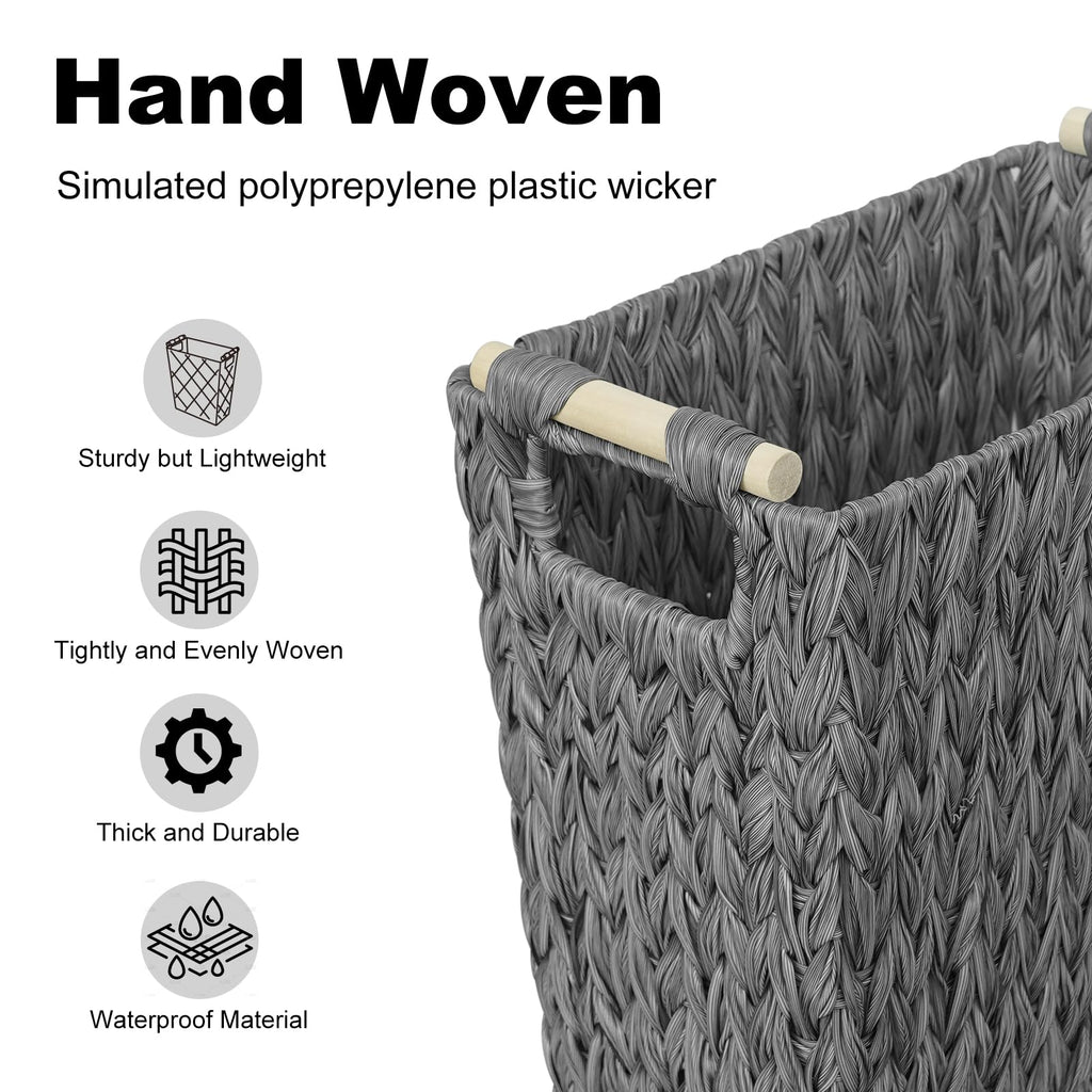 Coeusy Wicker Trash Can,6 Gallon Waterproof Bathroom Garbage Canwith Handle,Narrow Small Waste Basket for Bedroom,Office,Grey