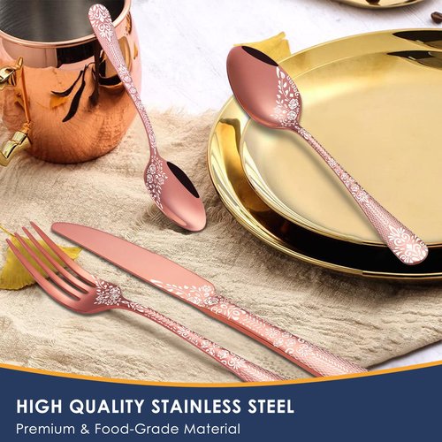 EUIRIO 72-Piece Copper Silverware Set with Steak Knives,Rose Gold Flatware Set for 12,Stainless Steel Tableware Cutlery Set，Kitchen Utensils Spoon and Fork Set with Floral Laser，Dishwasher Safe
