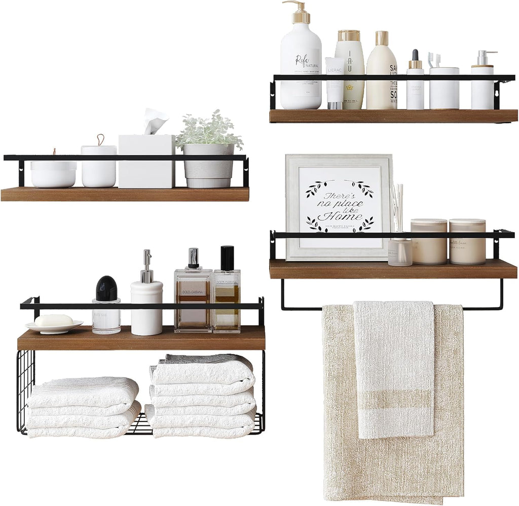 Wood Floating Shelves by [Brand Name] - Rustic Wall-Mounted 4-Tier Bathroom Shelf Set with Basket & Towel Bar