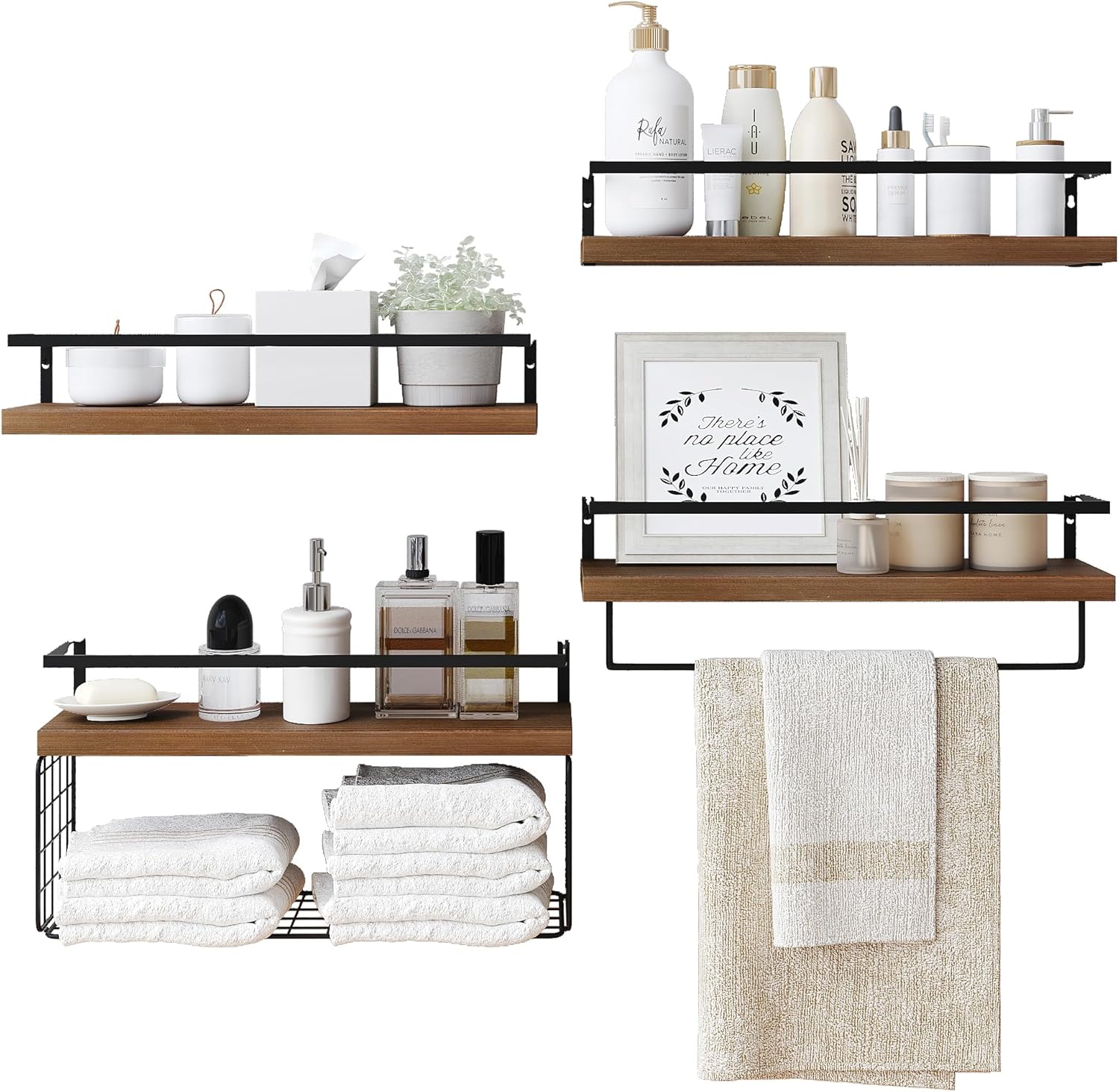 Wood Floating Shelves by [Brand Name] - Rustic Wall-Mounted 4-Tier Bathroom Shelf Set with Basket & Towel Bar
