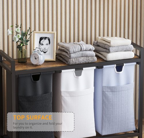 LIVEHOM Laundry Basket Three Laundry Hamper with Removable Bags, Fabric Handles, Large Top Shelf and Laundry Bag for Bathroom, Dorm, Laundry Room
