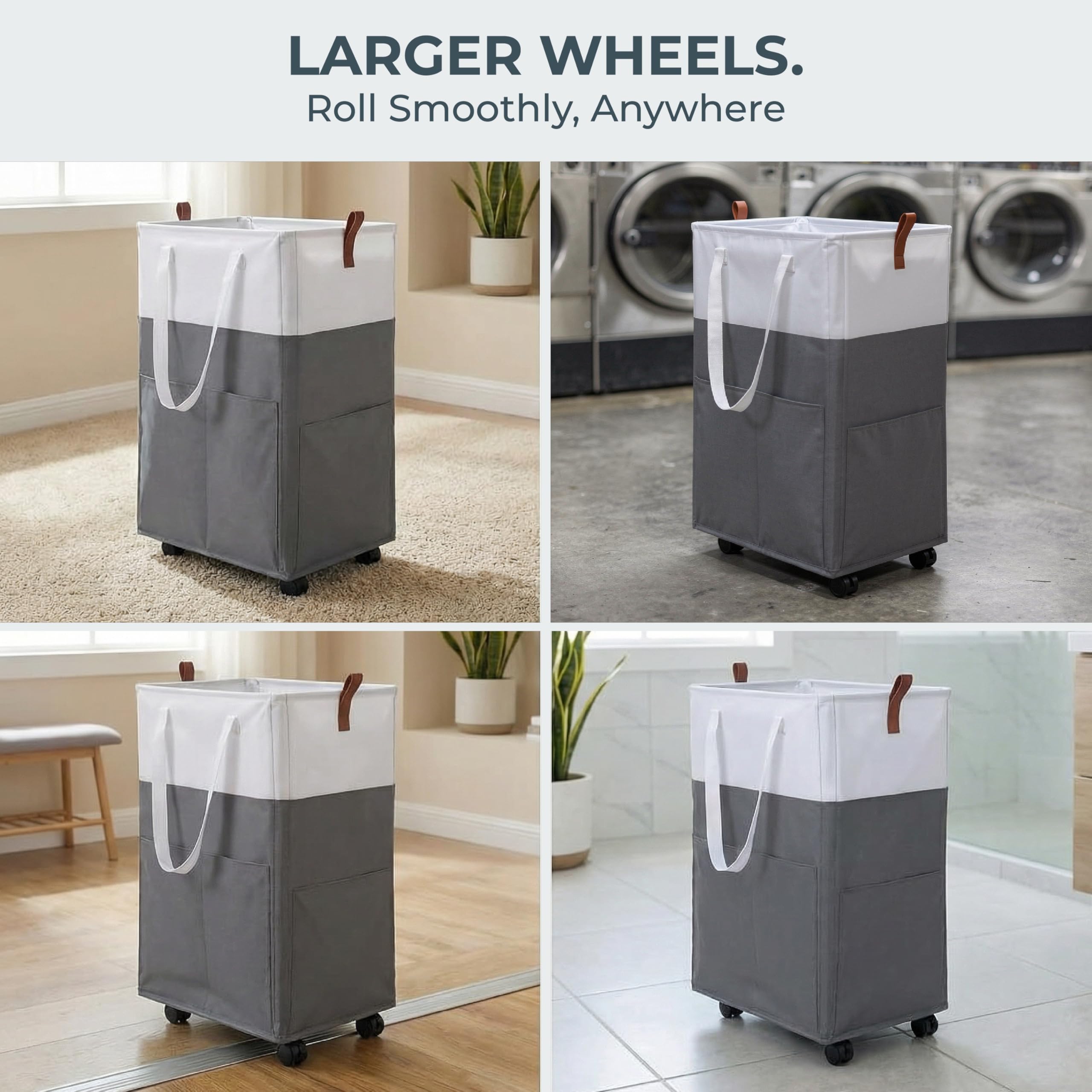Laundry Basket with Wheels – Foldable, Space-Saving, Fabric Slim Laundry Hamper with Removable Bag and Side Pouches – Lightweight 75L Washing Basket for Clothes, Bedroom, Bathroom, Dorm