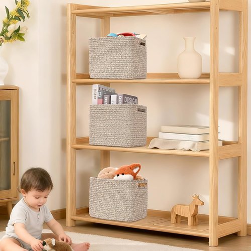 **Jute 3-Pack Cube Storage Bins - 9”x9”x7” Cotton Rope Baskets for Organizing Toys, Clothes & More**