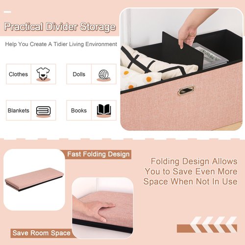 VECELO 43'' Folding Storage Ottoman Bench, End of Bed Linen Fabric Foot Rest Stool with Padded Seat, Large Footstools for Bedroom, Living Room, Load 660 lb, Pink