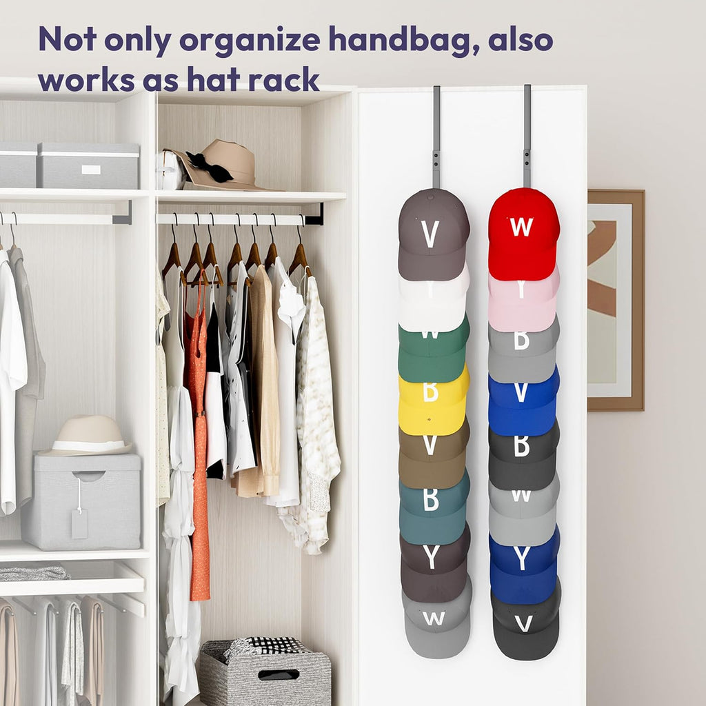 SWTYMIKI Over The Door Purse Organizer - 2-Pack Wall-Mounted Rack with 8 Hooks for 16 Bags | Black
