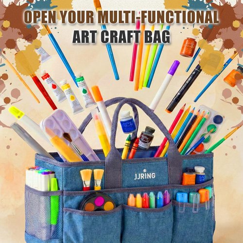 JJRING Large Art Supply Storage Tote Bag - Sturdy Craft Organizer with 2 Mesh Pockets & Elastic Front | Green, Foldable Design for Artists & Teachers