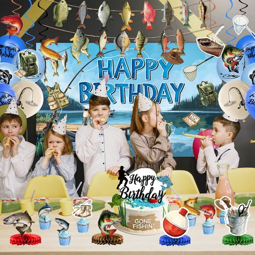 Fishing Birthday Party Decorations Includes Backdrop, Banner, Hanging Swirls, Balloons, Cake & Cupcake Toppers, Honeycomb Centerpieces for Ofishally One Birthday Decorations