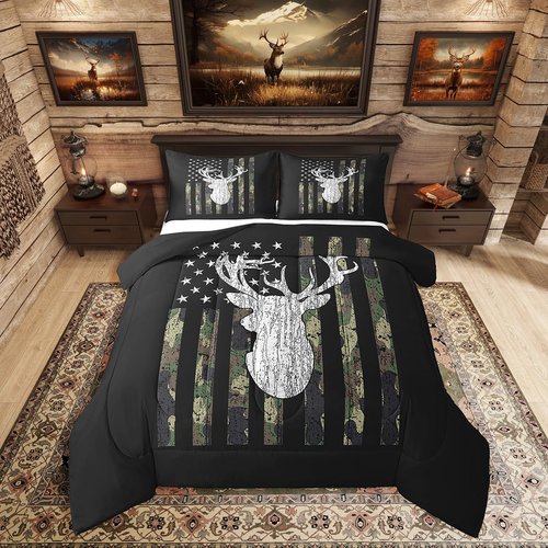 Deer Camo Comforter Set Queen Antlers Hunting Camo Bedding Sets For Teen Boys Men Camouflage American Flag Bed Comforter Set ,Western Farmhouse Wild Animal Bedding Quilt Black White Home Decor 3 Pcs