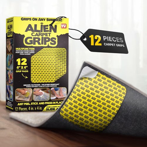 Alien Grip Carpet Tape - 12 Pcs Anti-Slip Rug Gripper | 4x4 in. Double-Sided, No Damage to Floors