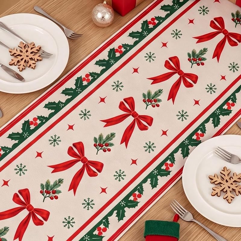 Red Bow Christmas Table Runner Decor