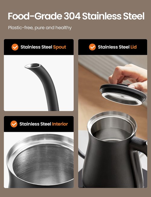 COMFEE' Gooseneck Electric Kettle with Temperature Control, 3 Variable Presets, 100% Stainless Steel, 1500 Watt Powerful Quick Heating Portable Hot Water Kettle for Pour Over Coffee and Tea, 0.6L