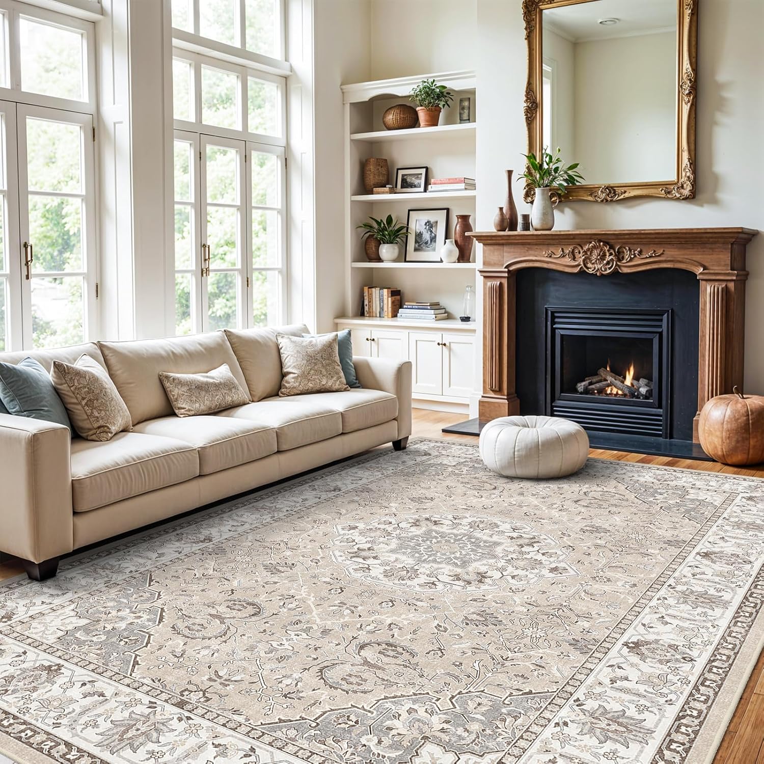 Skiennix 10x14 Washable Vintage Area Rug - Soft, Stain Resistant, Non-Slip Backing | Pet Friendly Beige Carpet