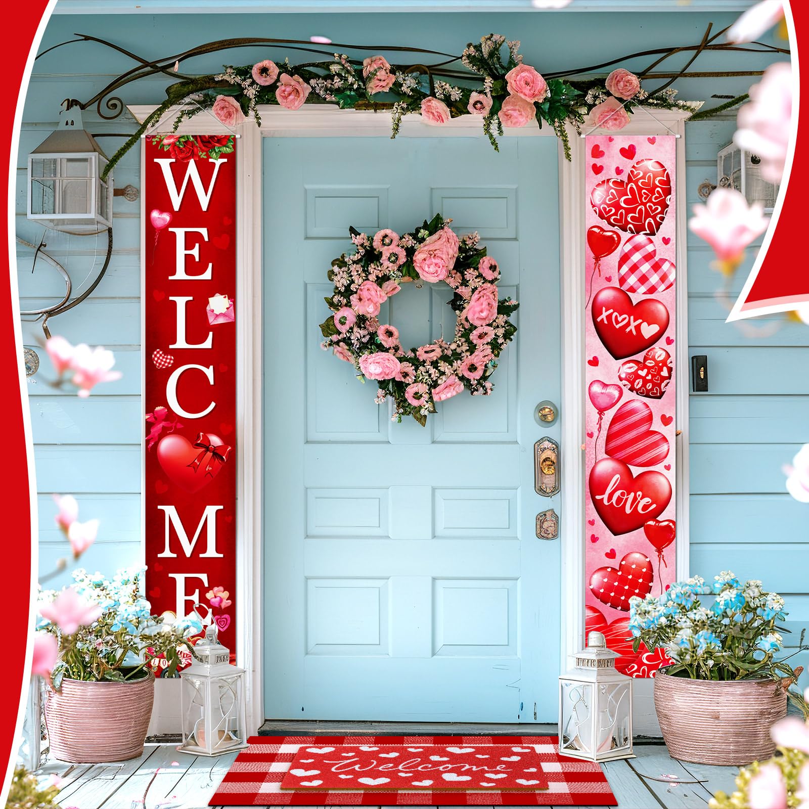 Hahafelt 3 Pcs Valentines Door Mat Front Door Non-Slip Heart Doormat Banner Set Buffalo Plaid Welcome Doormat for Indoor Outdoor Holiday Decoration, Entryway Porch Decor