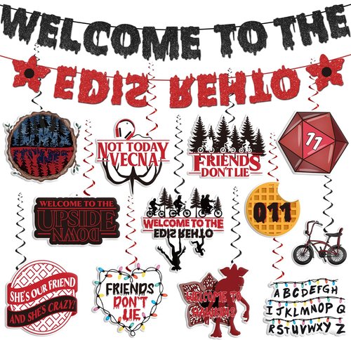 Stranger Birthday Party Decorations Glitter Welcome to The Other Side Banner and Hanging Swirls Set Horror Birthday Decorations for Themed Gathering Home Room Decor Supplies