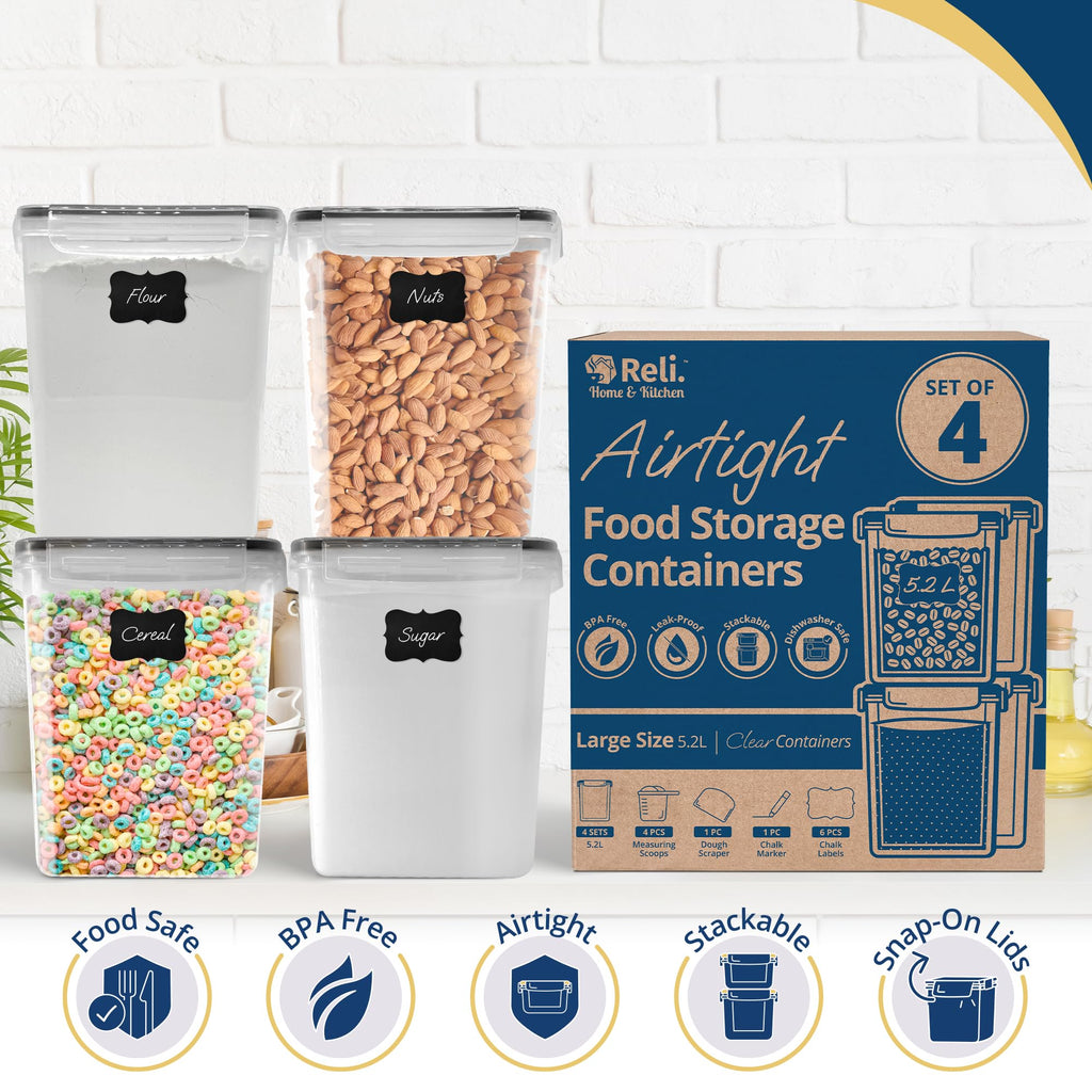 Reli. 5.2L Airtight Food Storage Containers with Lids (4 Sets) | Kitchen Organizers and Storage Pantry Organizers | BPA Free Plastic Container Set w/ 4 Measuring Cups, Dough Scraper, 6 Labels, Pen