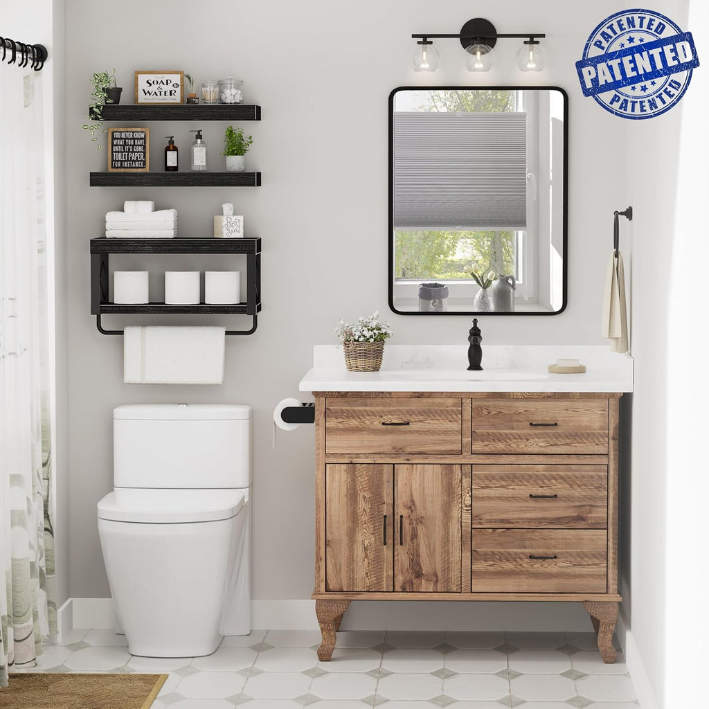 QEEIG Bathroom Shelves - Over Toilet Floating Shelf for Toilet Paper Storage | Set of 3, Black, 16 Inch