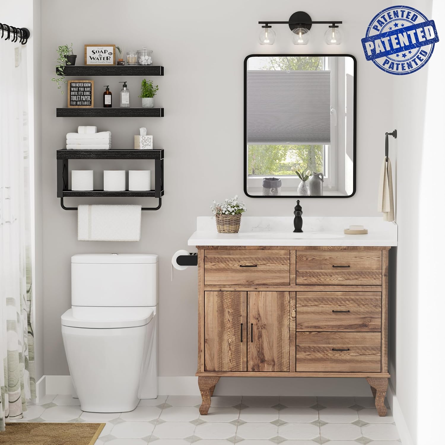 QEEIG Bathroom Shelves - Over Toilet Floating Shelf for Toilet Paper Storage | Set of 3, Black, 16 Inch