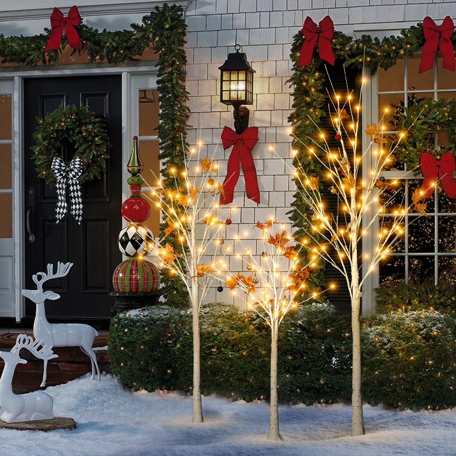 AWQM Lighted Birch Tree for Christmas Decor, Pack of 3 Prelit Christmas Tree 4ft 5ft 6ft, Warm White Christmas Tree for Indoor Christmas Decorations. (White)