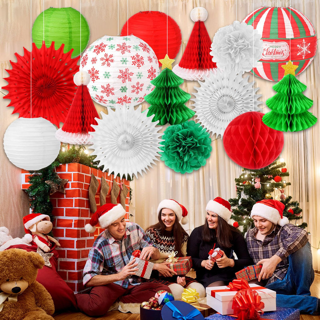 Gilprop 17 Pcs Christmas Party Hanging Decorations Xmas Paper Lanterns Paper Winter Hanging Fans Christmas Honeycombs Paper Flower Balls for Xmas Holiday Party Yard Indoor Outdoor Home Decor Supplies
