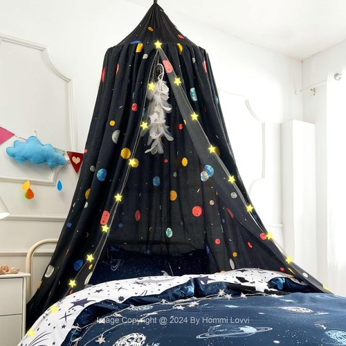 Hommi Lovvi Space Planets Print Kids Bed Canopy, Girls Princess Canopy Dreamy Room Decor, Soft Hanging Reading Nook Play Tent Canopy, Extra Large Full Size Bed Canopy with String Light
