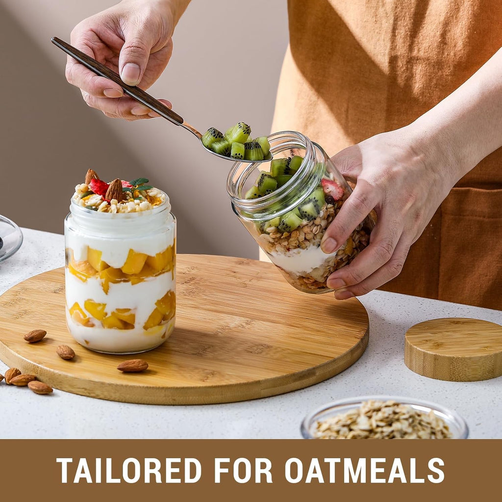 NETANY 16oz Glass Jars - 6-Pack Airtight Containers with Bamboo Lids for Overnight Oats & Snacks