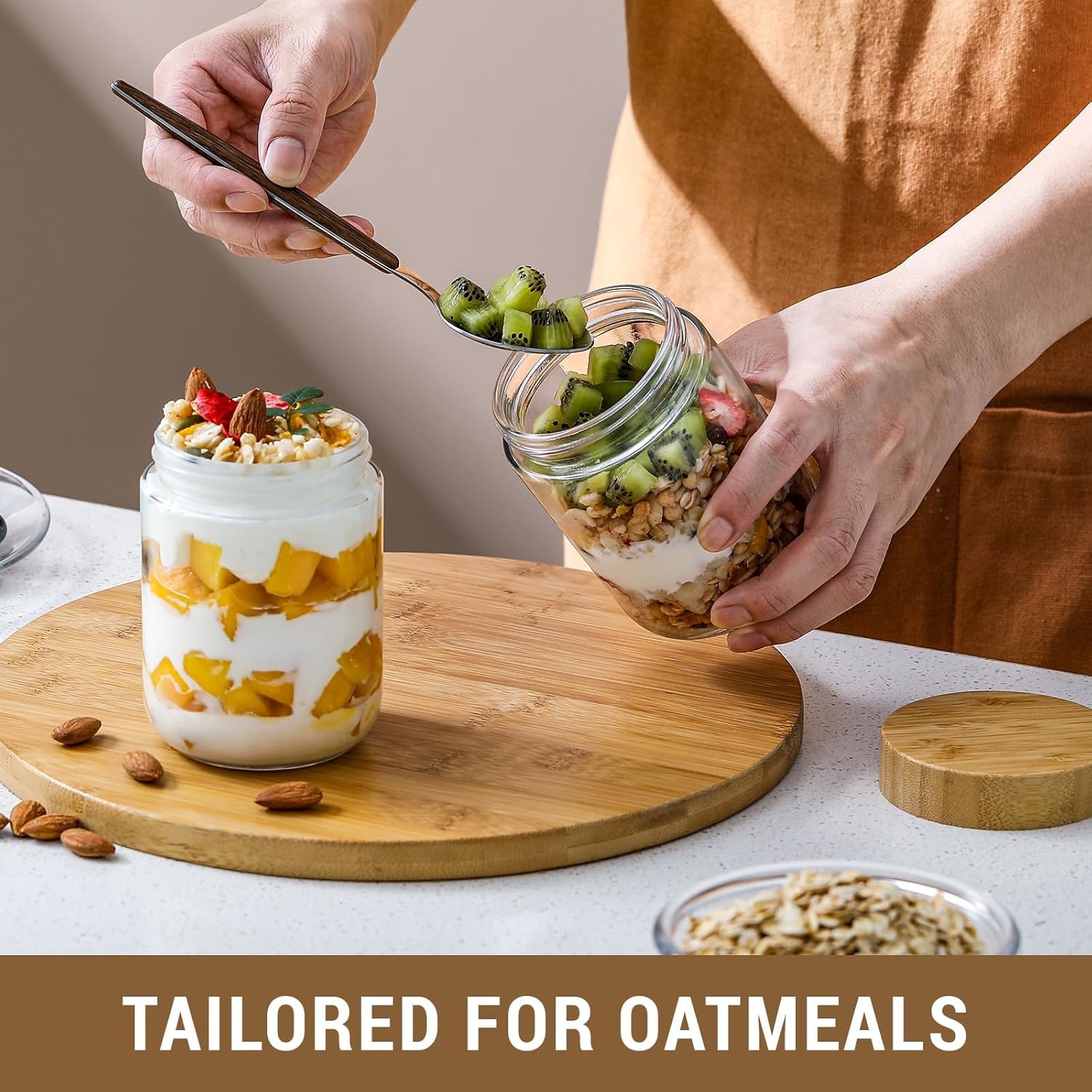 NETANY 16oz Glass Jars - 6-Pack Airtight Containers with Bamboo Lids for Overnight Oats & Snacks