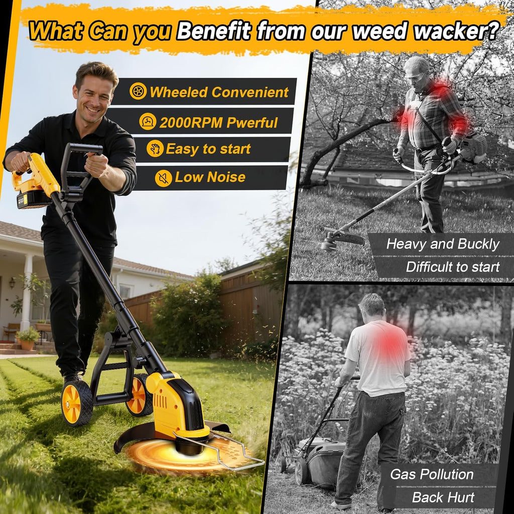 Skiennix 20000 RPM Brushless Battery Weed Wacker - Heavy Duty Cordless Lawn Tool with 2 Batteries