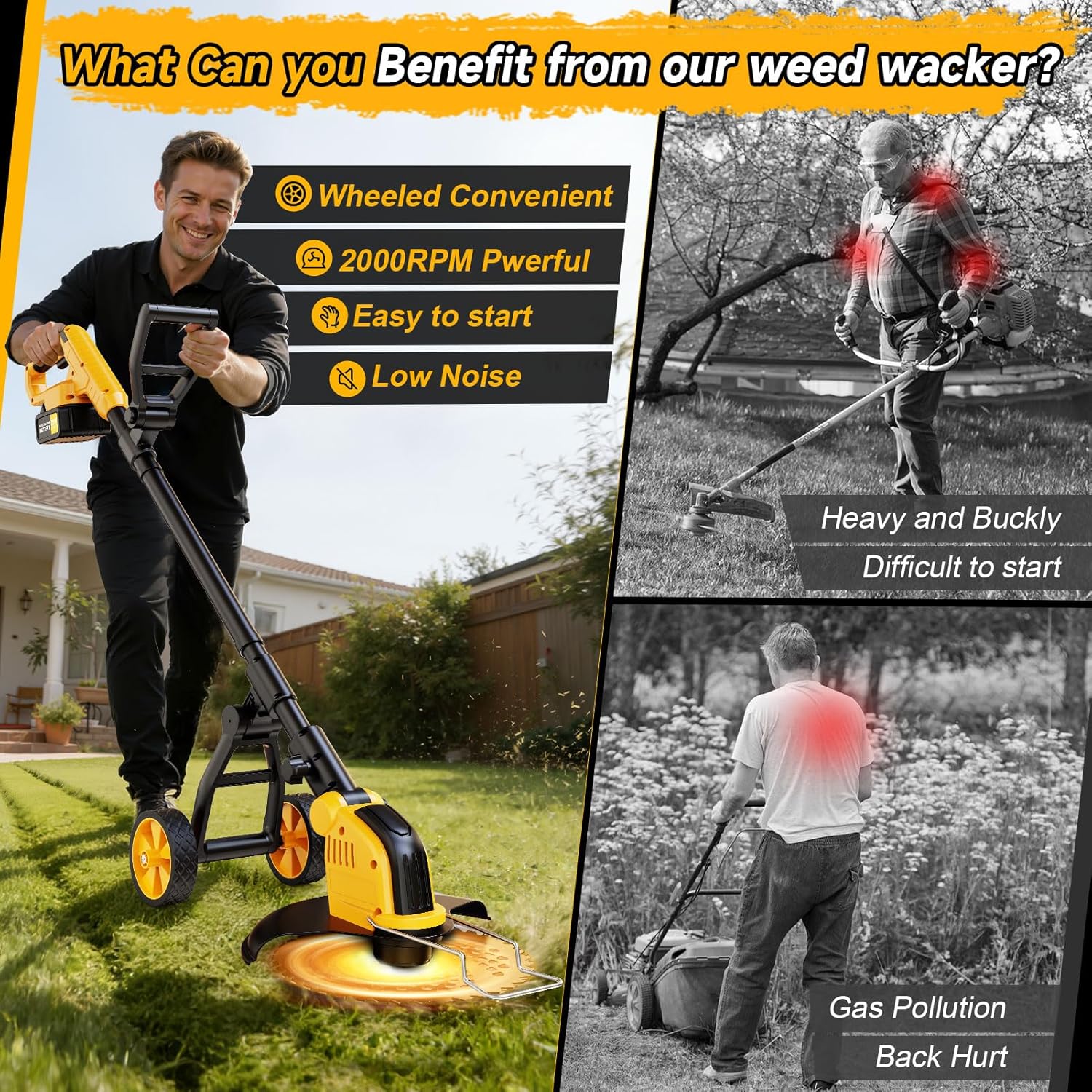 Skiennix 20000 RPM Brushless Battery Weed Wacker - Heavy Duty Cordless Lawn Tool with 2 Batteries