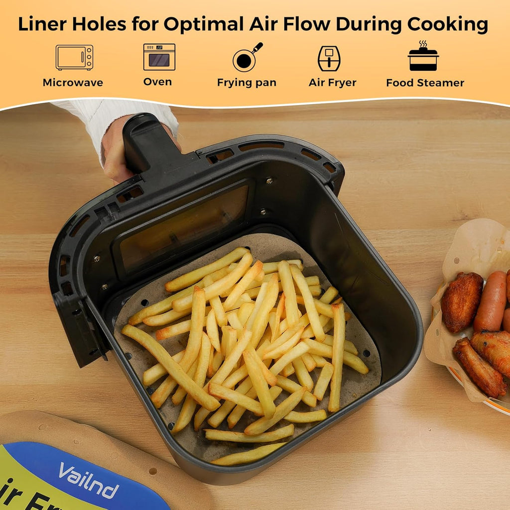 Vailnd Air Fryer Liners - Disposable Unbleached Parchment Paper Sheets | 100pcs, 8.5" Square for 5-8 Qt Air Fryers