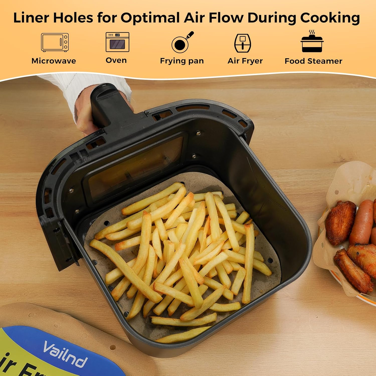 Vailnd Air Fryer Liners - Disposable Unbleached Parchment Paper Sheets | 100pcs, 8.5" Square for 5-8 Qt Air Fryers