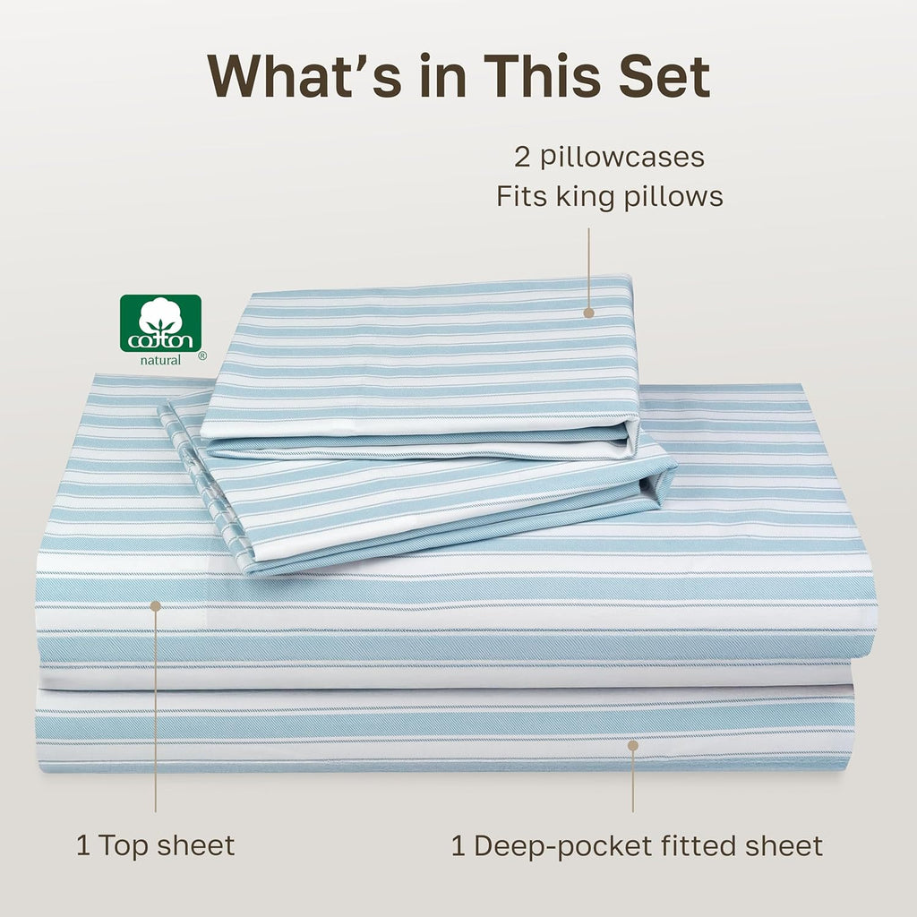 California Design Den 100% Cotton Cal King Sheets Set - 400 TC, Award-Winning Smooth Sateen, Deep Pockets, Cape Stripe Blue