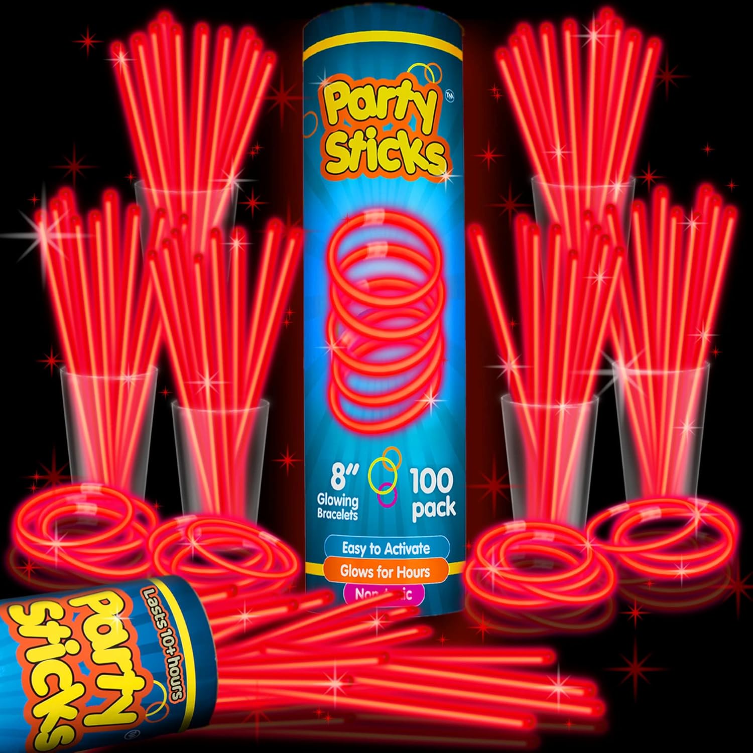 PartySticks Red Glow Sticks - 100 Pack | 8-Inch Light-Up Party Favors & Decorations